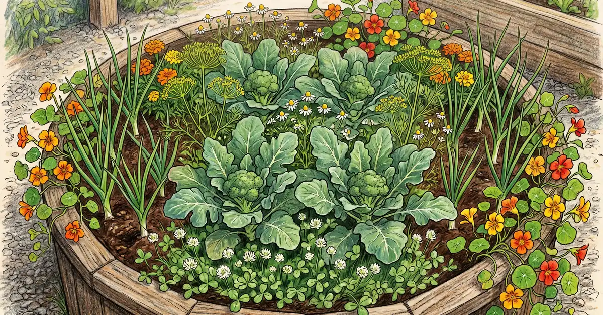Top-down view of a raised garden bed planted with a broccoli companion guild featuring mature broccoli heads, flowering dill and chamomile, nasturtiums trailing on the perimeter, onion and garlic rows, and white clover acting as living mulch