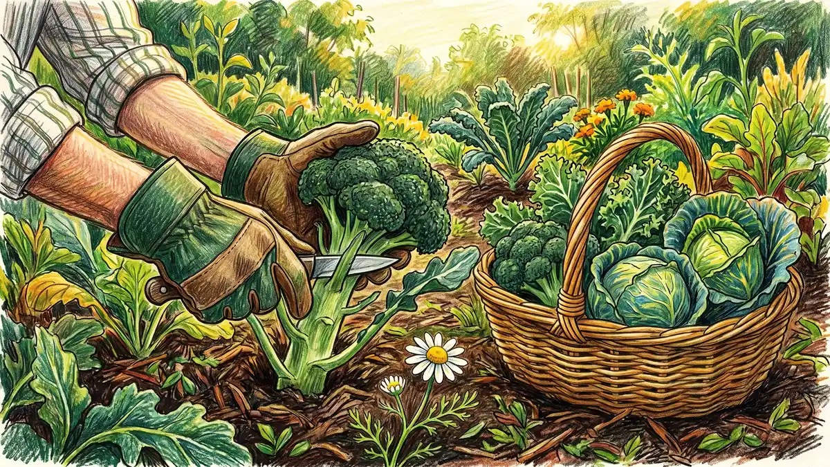 Close-up of a gardener's gloved hand harvesting a mature broccoli head with a basket of just-picked broccoli, kale, and cabbage on the soil nearby