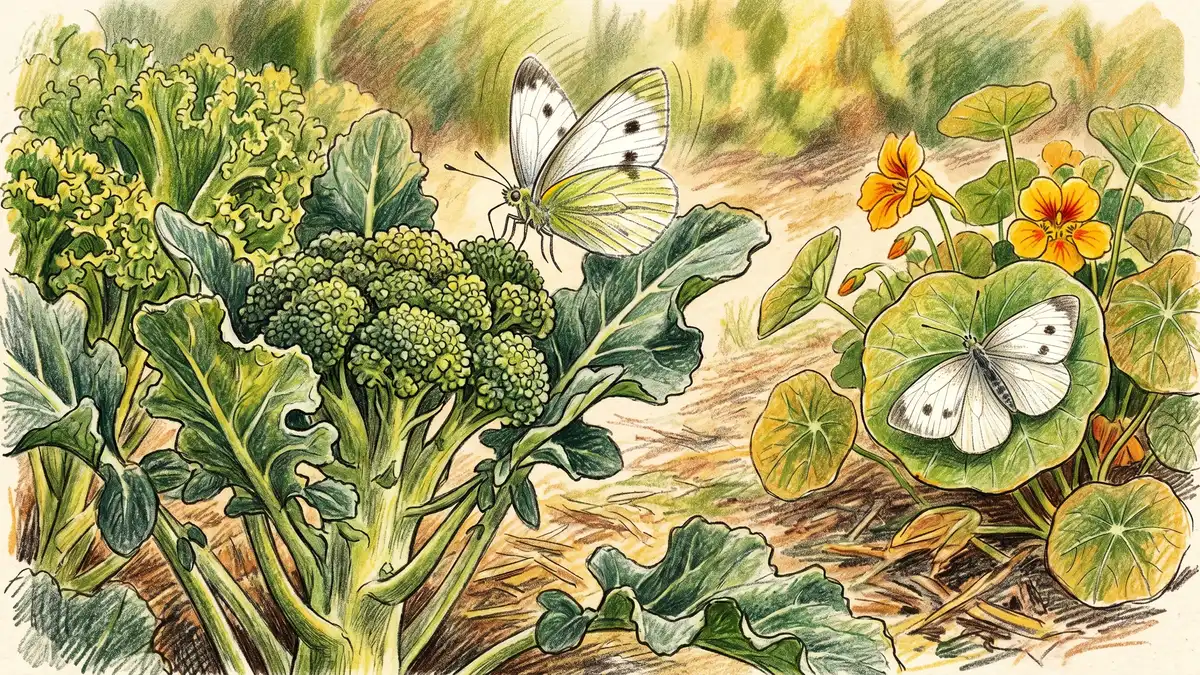 Close-up illustration of a cabbage white butterfly hovering near a broccoli plant with another butterfly resting on a nasturtium leaf as a trap crop