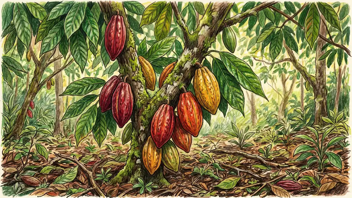 Close-up of ripe red and yellow cacao pods hanging from a cacao tree under the shaded canopy of taller hardwood trees in a syntropic agroforestry system