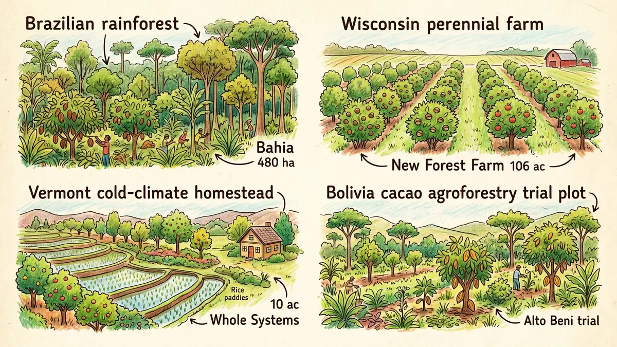 Pencil-crayon infographic showing four syntropic farm case studies side by side: Brazilian rainforest with cacao and hardwoods, Wisconsin perennial farm with hazelnuts and chestnuts, Vermont cold-climate homestead, Bolivia cacao agroforestry trial