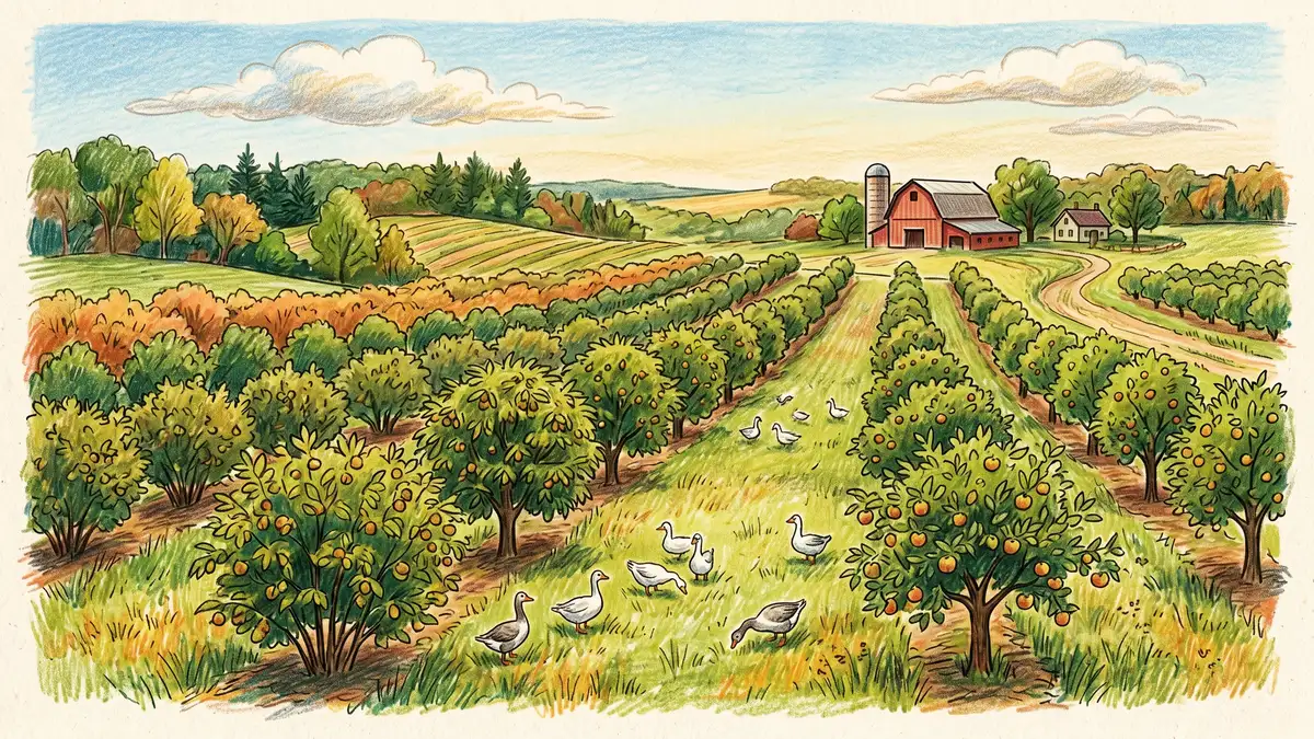 Pencil-crayon landscape view of a Wisconsin perennial agroforestry farm in late summer with rows of hazelnut shrubs and chestnut trees alternating with apple trees, low pasture between, and a barn in the distance
