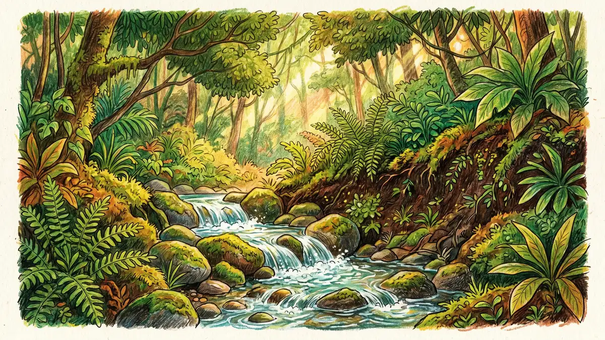 Pencil-crayon close-up of a flowing freshwater spring emerging from rich soil under a dense forest canopy with clear water bubbling over moss-covered stones