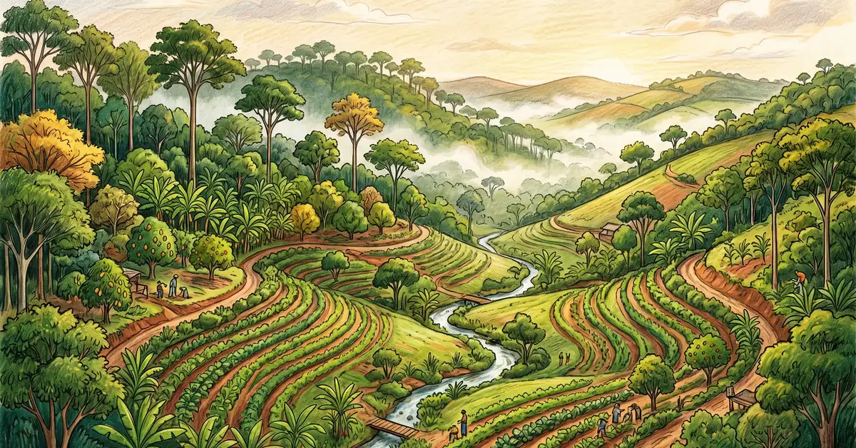 Aerial pencil-crayon landscape of a thriving syntropic agroforestry farm on rolling Brazilian hills with multi-layered canopy of timber trees, cacao, fruit trees, bananas, leafy crops, and a stream meandering through the valley