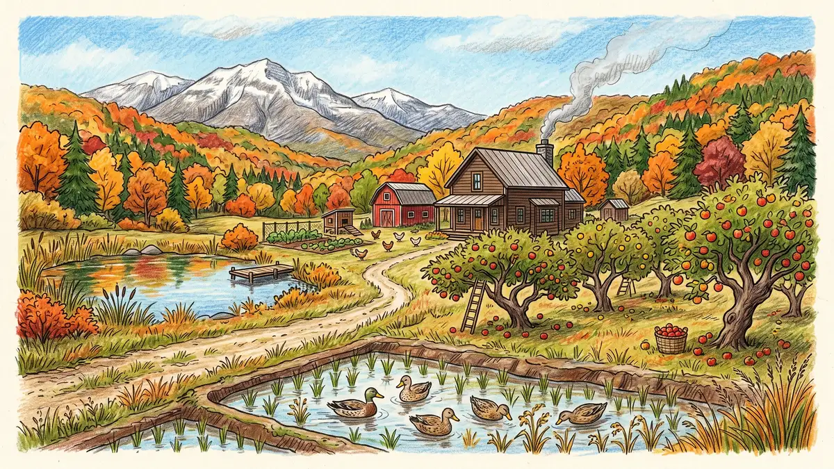 Pencil-crayon view of a Vermont cold-climate homestead farm in autumn with rice paddies and ducks in the foreground, apple trees with fruit, a small pond, a wooden farmhouse, and snow-capped mountains in the background