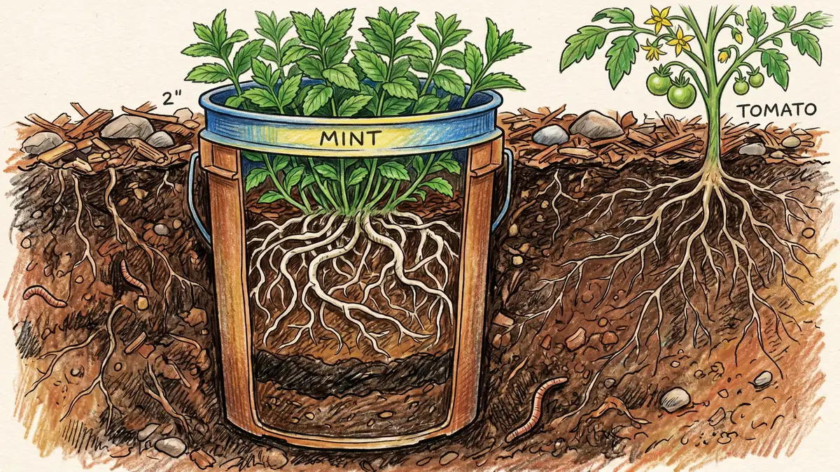 Pencil-crayon cross-section of a buried bucket containing mint with rim above ground level, mint plant growing inside, and white rhizome roots filling the soil inside the bucket but stopping at the bucket walls