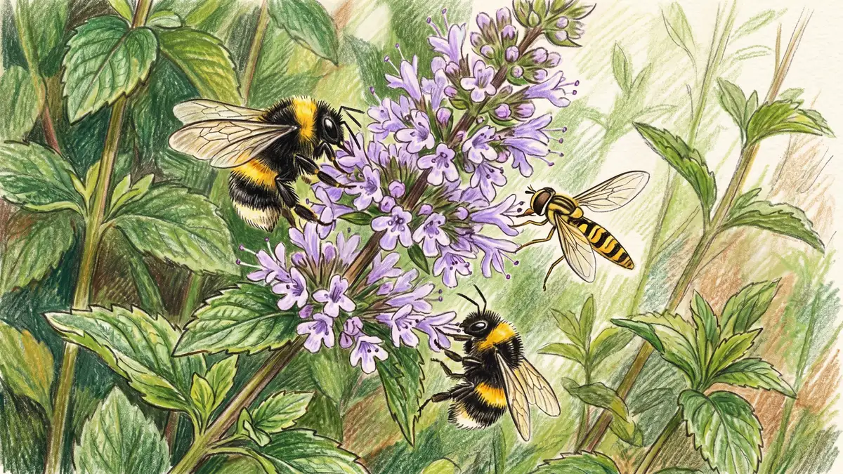 Close-up of flowering peppermint with native bumblebees and hoverflies visiting the small purple flower clusters