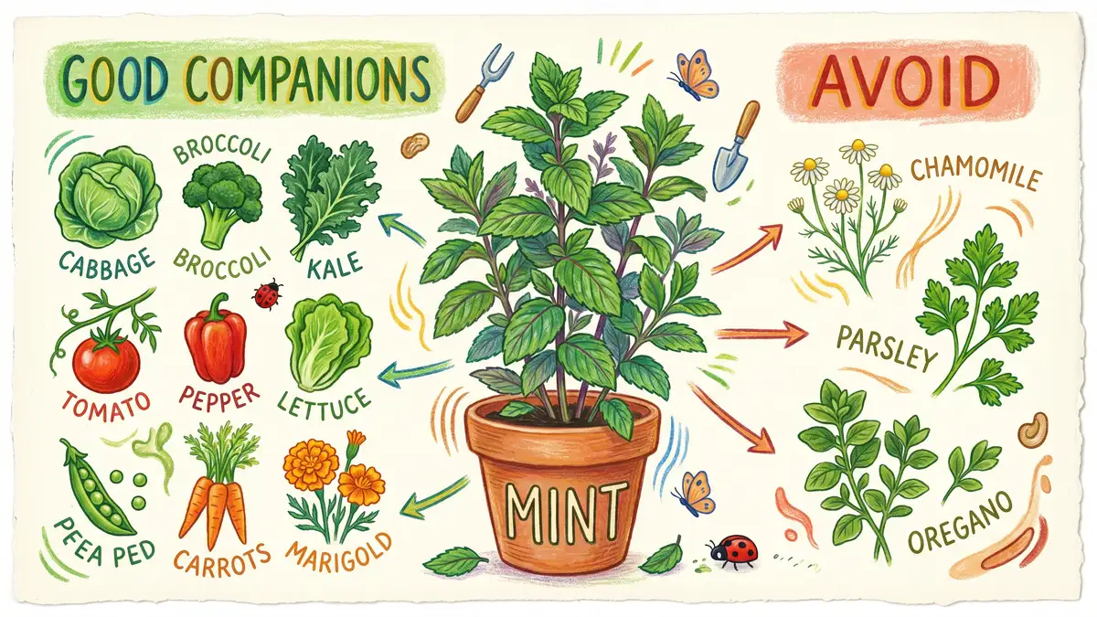 Pencil-crayon infographic showing best and worst companion plants for mint in two columns with cabbage, broccoli, kale, tomato, pepper, lettuce, pea, carrot, marigold in good column and chamomile, parsley, oregano in avoid column