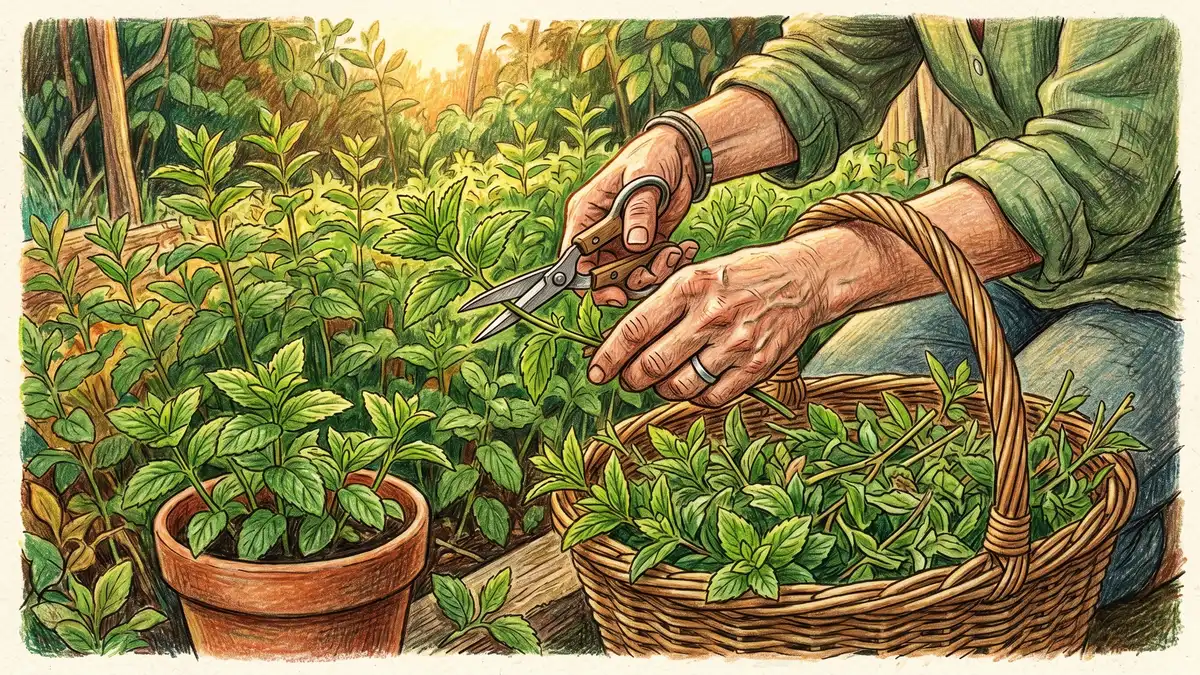 Close-up of a gardener's hands harvesting mint leaves with scissors with a wicker basket half-full of fresh peppermint sprigs and a small terracotta pot of mint in the foreground