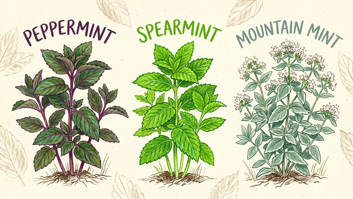 Pencil-crayon illustration of three mint varieties side by side: peppermint with darker leaves and purple stems, spearmint with bright green serrated leaves, and mountain mint with smaller silver-edged leaves and white flower clusters