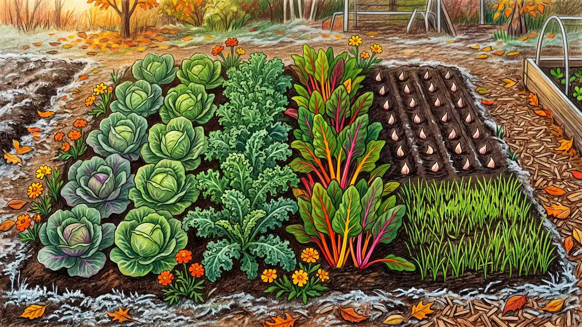 Top-down view of a fall vegetable bed in late September with mature cabbage heads, curly kale, swiss chard, rows of garlic cloves just planted, and winter rye cover crop sprouting