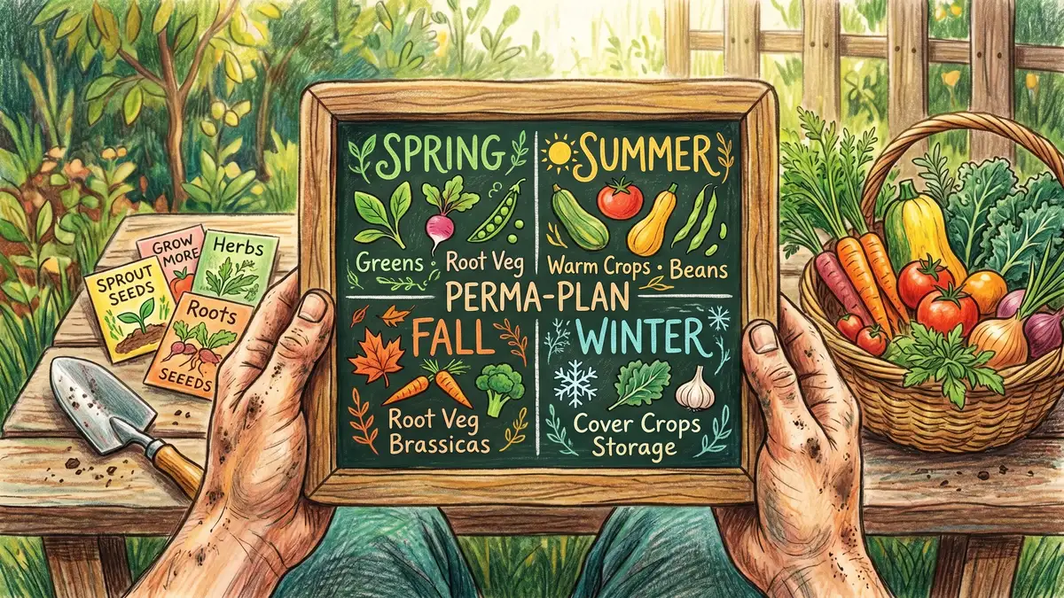 Close-up of a gardener's hands holding a small chalkboard with a four-season planting plan drawn in a quadrant labelled spring, summer, fall, winter
