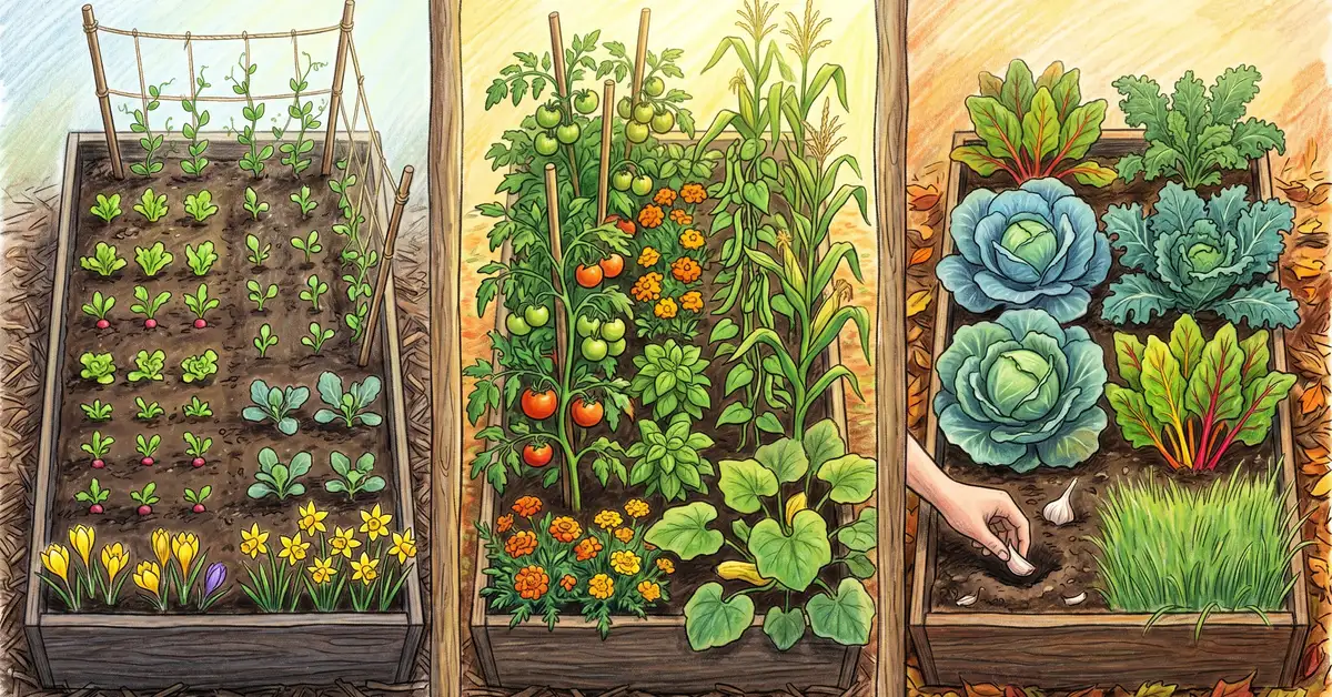 Pencil-crayon triptych view of a raised garden bed across three seasons: spring with pea trellis and brassica seedlings, summer with tomatoes and pole beans, fall with cabbage and garlic being planted