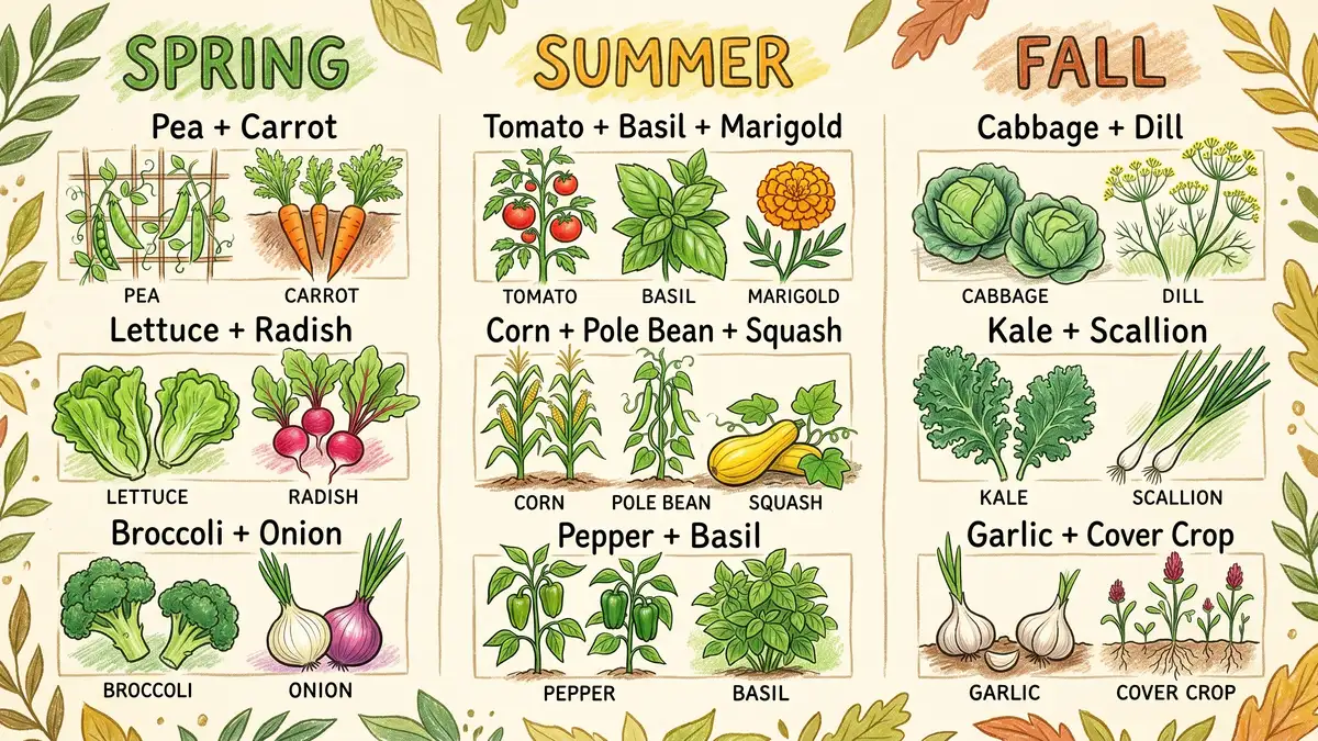 Pencil-crayon infographic with three columns labelled spring, summer, fall showing companion pairings for each season: pea and carrot, lettuce and radish, broccoli and onion, tomato and basil and marigold, corn pole bean and squash, pepper and basil, cabbage and dill, kale and scallion, garlic and cover crop