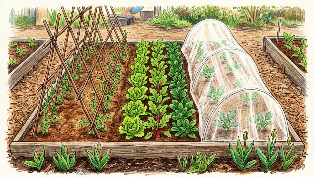 Top-down view of a spring vegetable bed in early May with pea seedlings climbing a teepee trellis, rows of lettuce, radish and spinach, broccoli transplants under floating row cover