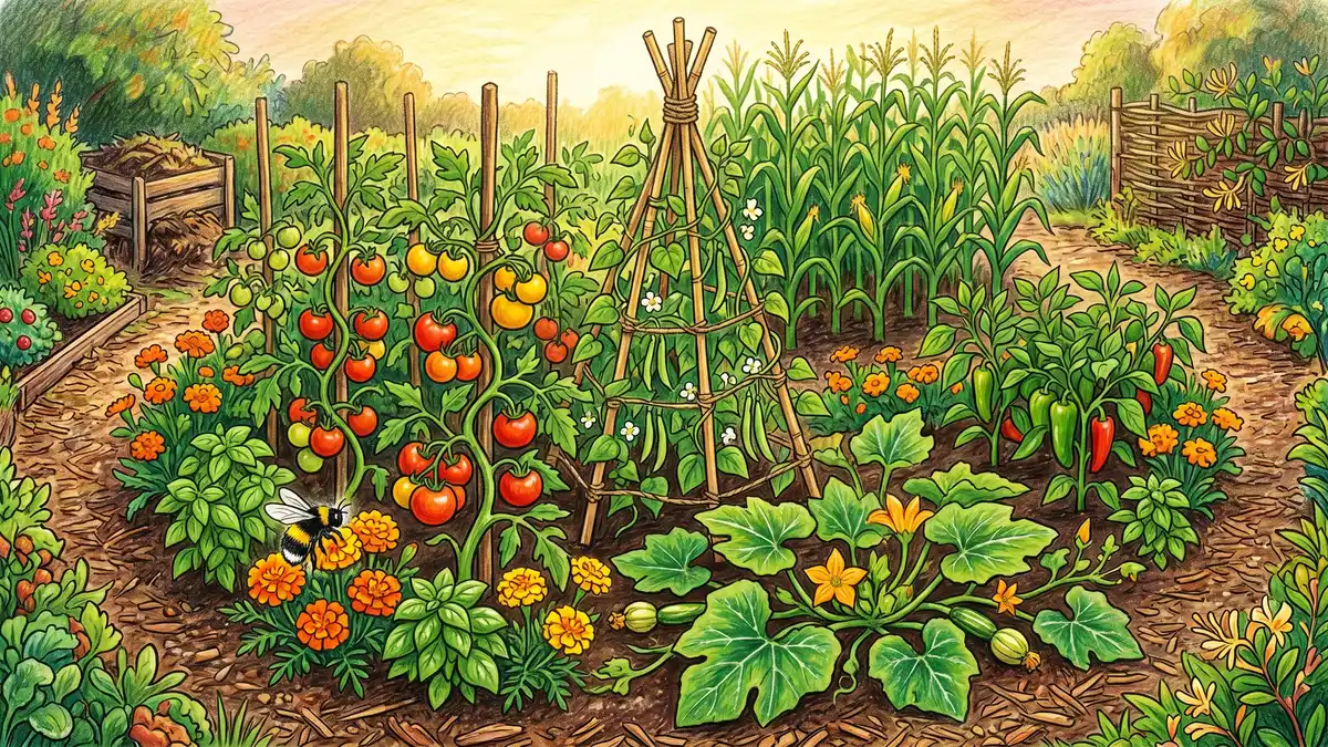 Top-down view of a midsummer vegetable bed in July with ripening tomatoes staked alongside basil and marigolds, climbing pole beans on a teepee, broad squash leaves, and peppers in the background