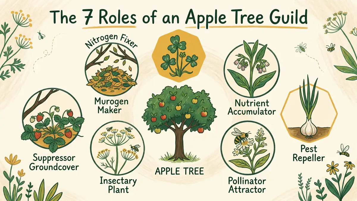 Infographic illustrating the 7 functional roles of an apple tree guild with icons for nitrogen fixer, nutrient accumulator, pest repeller, pollinator attractor, insectary plant, suppressor groundcover, and mulch maker