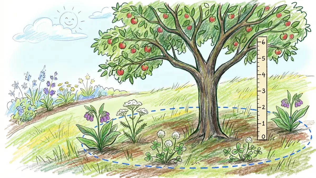 Side-view diagram of an apple tree showing the drip line concept with companion plants positioned 3 to 6 feet from the trunk at the canopy edge