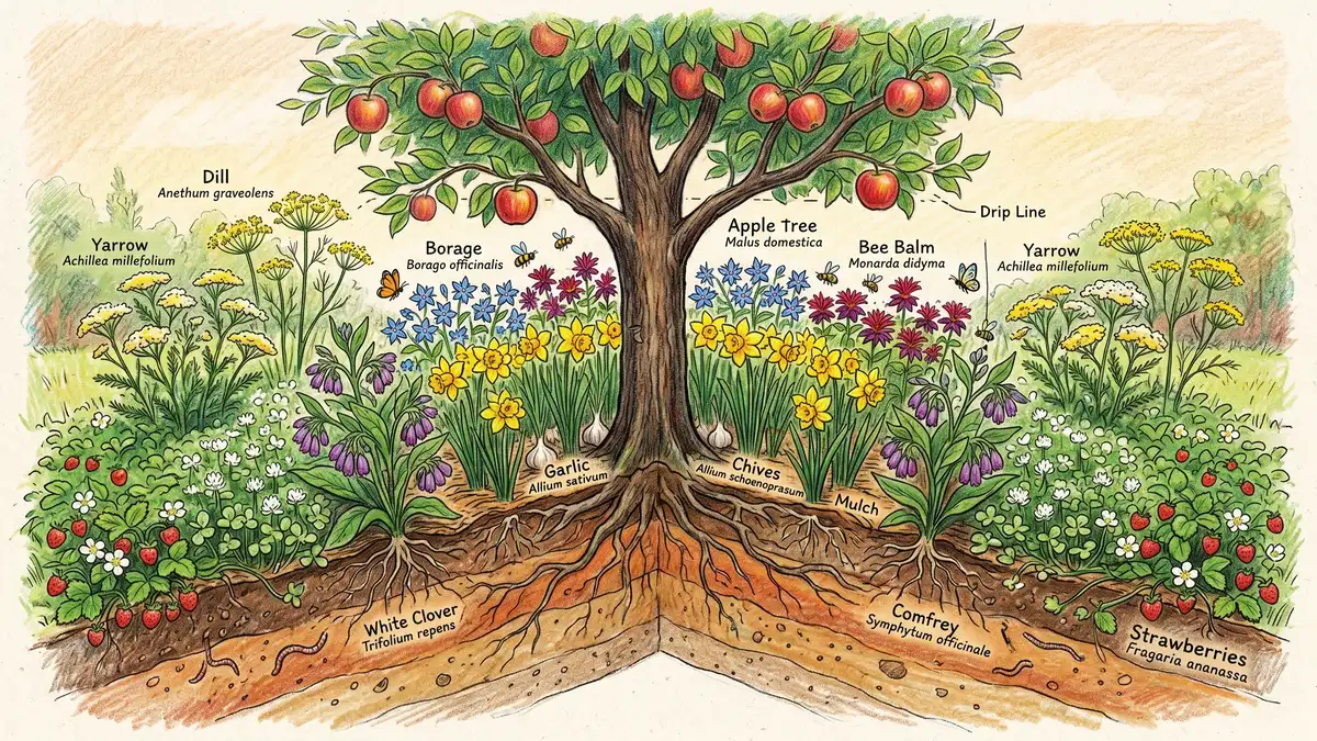 Cross-section of an apple tree guild showing concentric layers of plants around the tree including white clover groundcover, chives and garlic near the trunk, comfrey at the drip line, borage and yarrow further out