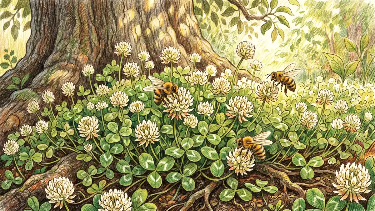 Close-up of white clover groundcover with small white flowers spreading densely under an apple tree