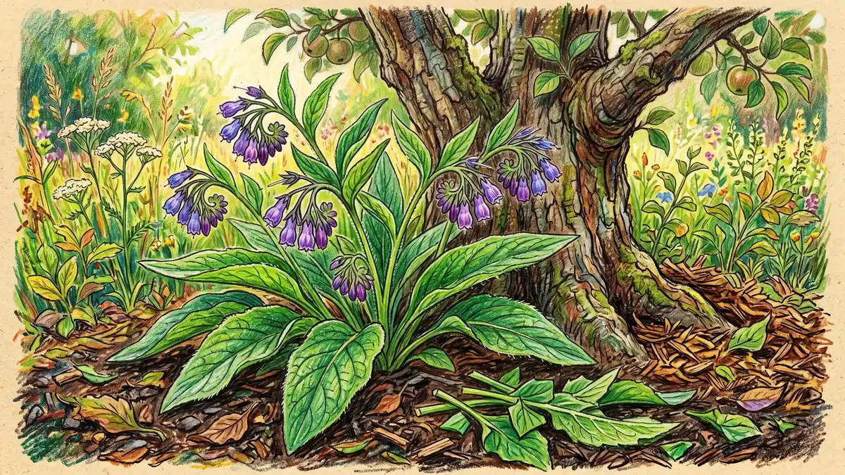 Close-up of a comfrey plant with broad leaves and purple bell flowers growing at the base of an apple tree