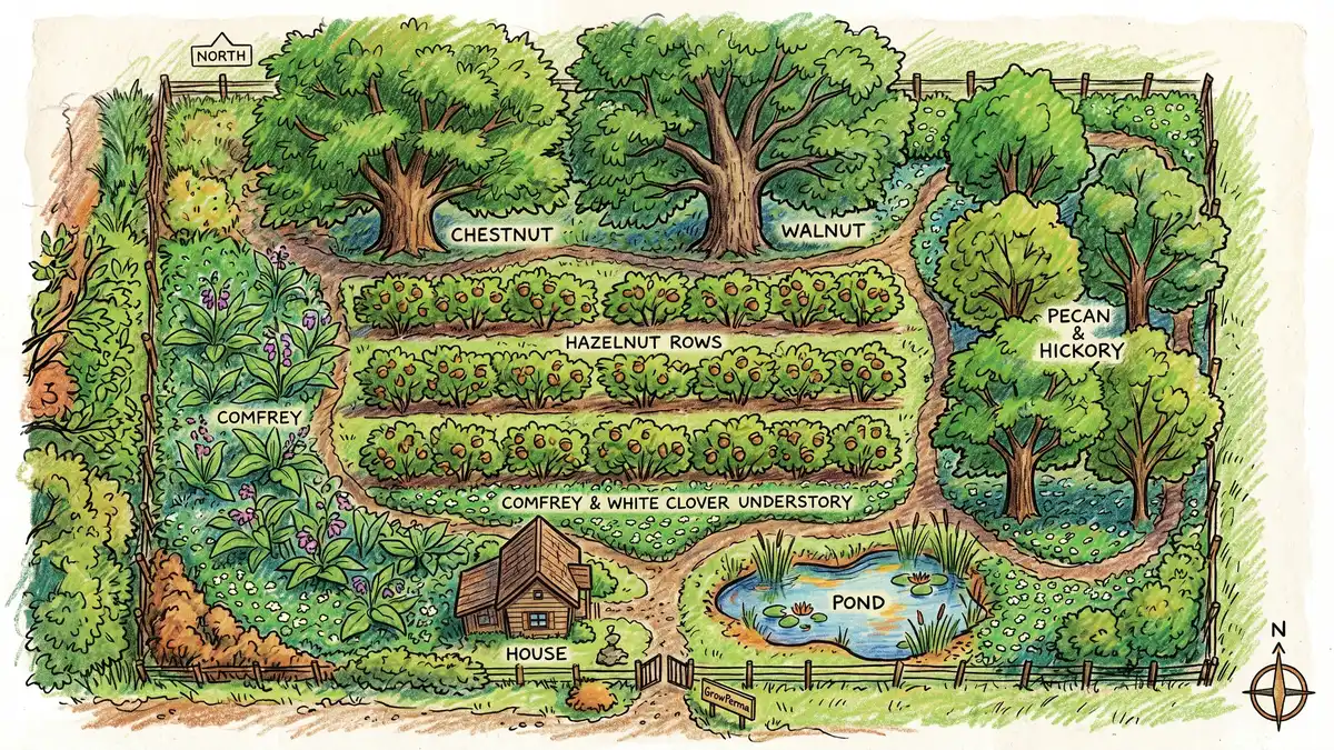 Top-down view of a 1 acre homestead nut tree food forest layout with mature chestnut and walnut at the back property line, hazelnut rows in the middle, pecan or hickory at the side, herbaceous understory of comfrey and white clover, and a small house and pond at the front