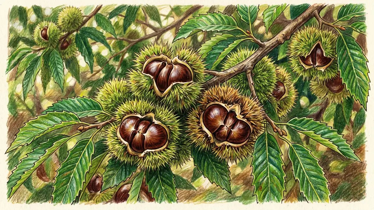 Close-up of a Chinese chestnut branch heavy with green spiny burs splitting open to reveal dark mahogany-brown nuts in dappled sunlight