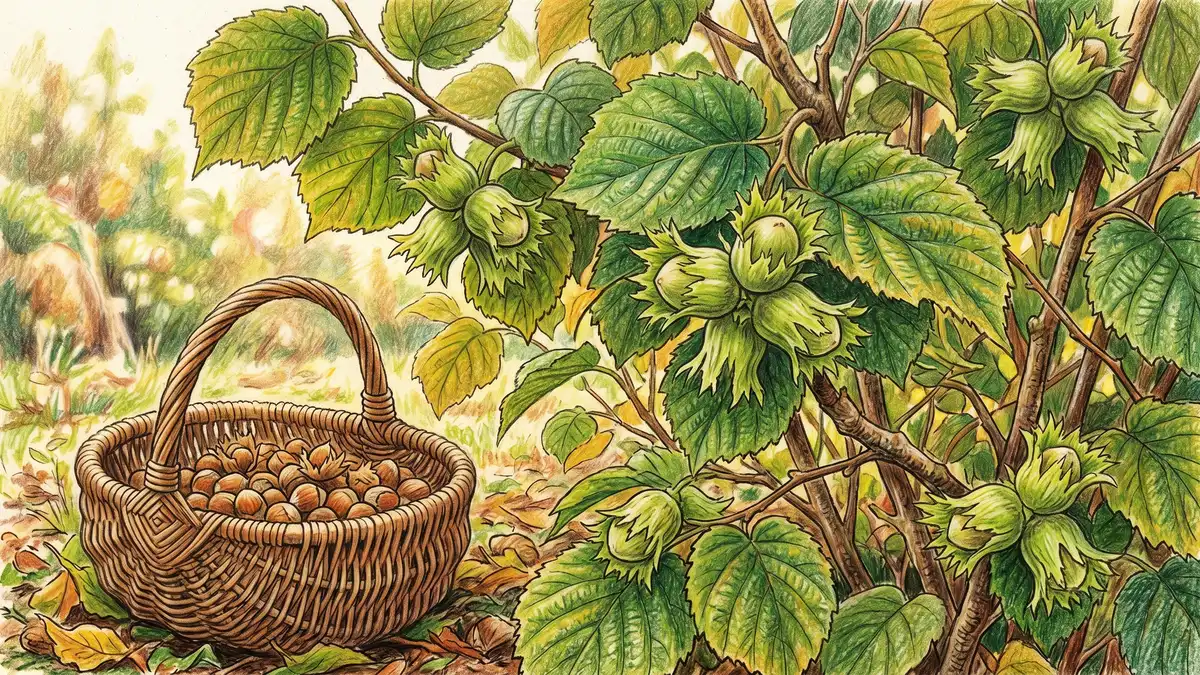 Close-up of a hybrid hazelnut shrub in late summer with clusters of green husked hazelnuts among the heart-shaped leaves, with a wicker basket of harvested hazelnuts in the foreground