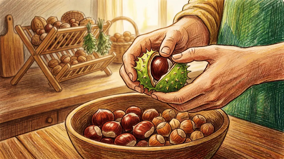Close-up of a homesteader's hands cracking open a fresh chestnut over a wooden bowl of cleaned chestnuts and hazelnuts with a small drying rack of nuts in the background