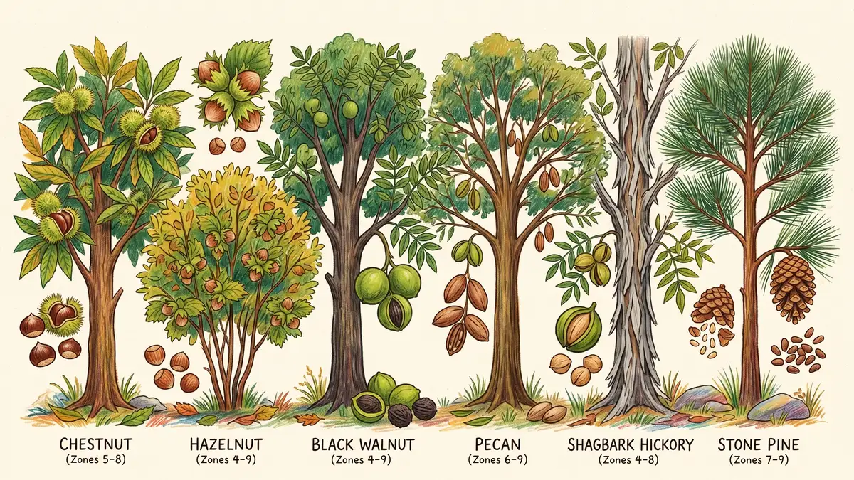 Infographic showing six nut tree species side by side: chestnut with spiny green bur, hazelnut shrub with nut cluster, black walnut with husked nuts, pecan with elongated thin shells, shagbark hickory with shaggy bark, and a stone pine cone with pine nuts