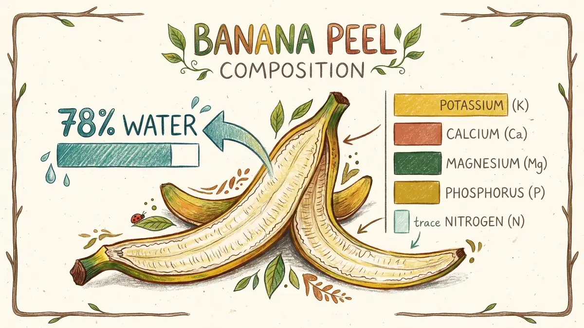 A pencil-crayon infographic of a single banana peel cross-section with arrows labeling its nutrient composition: 78 percent water, plus small bars indicating potassium, calcium, magnesium, phosphorus, and trace nitrogen levels