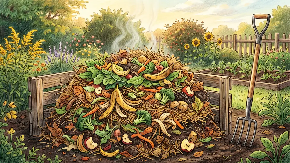 A pencil-crayon illustration of a healthy compost pile with banana peels, vegetable scraps, leaves and brown straw layered together with steam rising suggesting hot composting and a pitchfork beside the pile