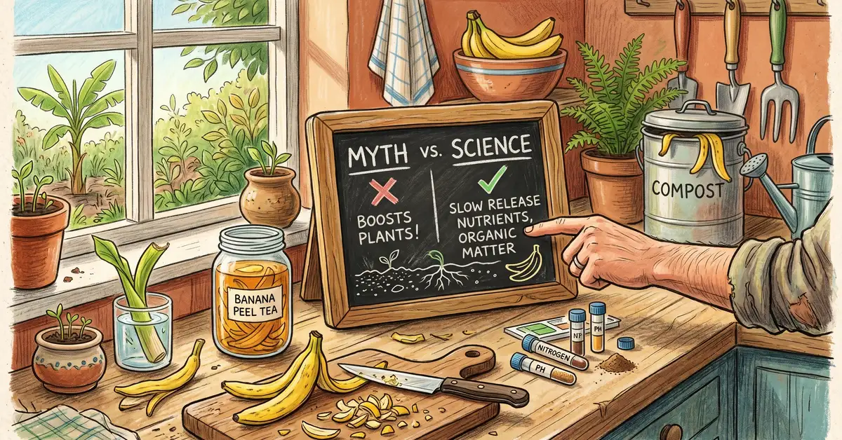 A pencil-crayon illustration of a kitchen workspace with banana peels, a glass jar of banana peel tea, a soil test kit, and a compost bin in the background, with a gardener's hand pointing at a small chalkboard listing myth vs science