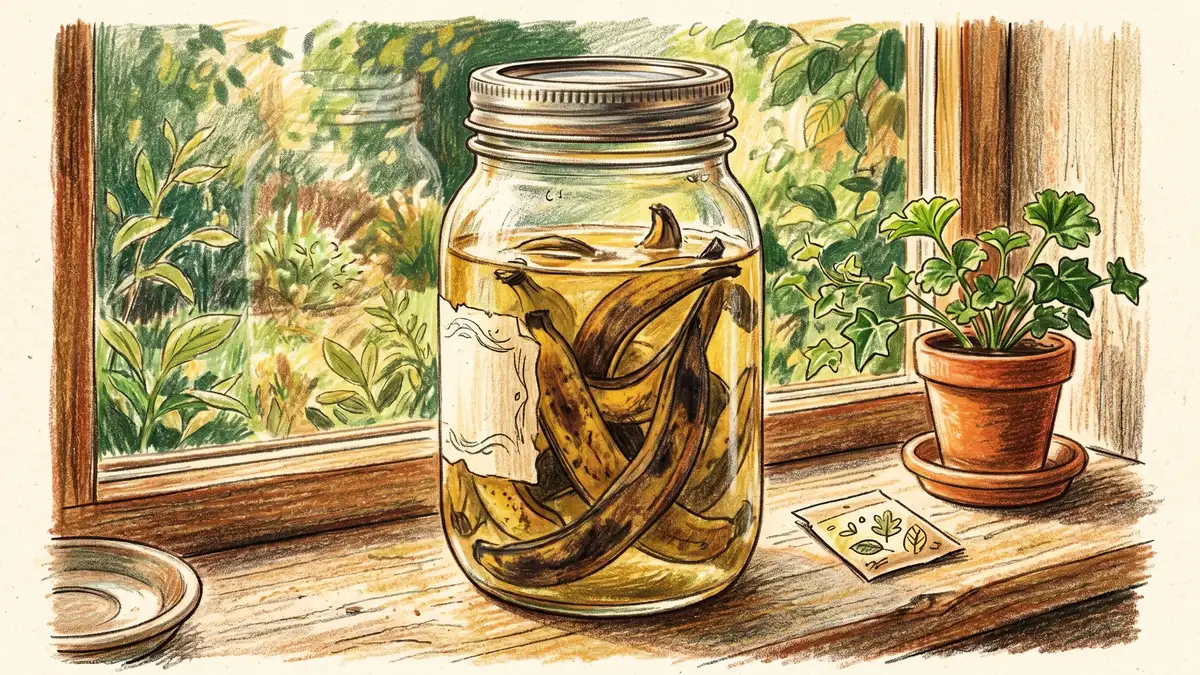 A close-up of a glass mason jar filled with water and dark steeping banana peels on a sunlit kitchen windowsill with the water yellow-brown and slightly opaque
