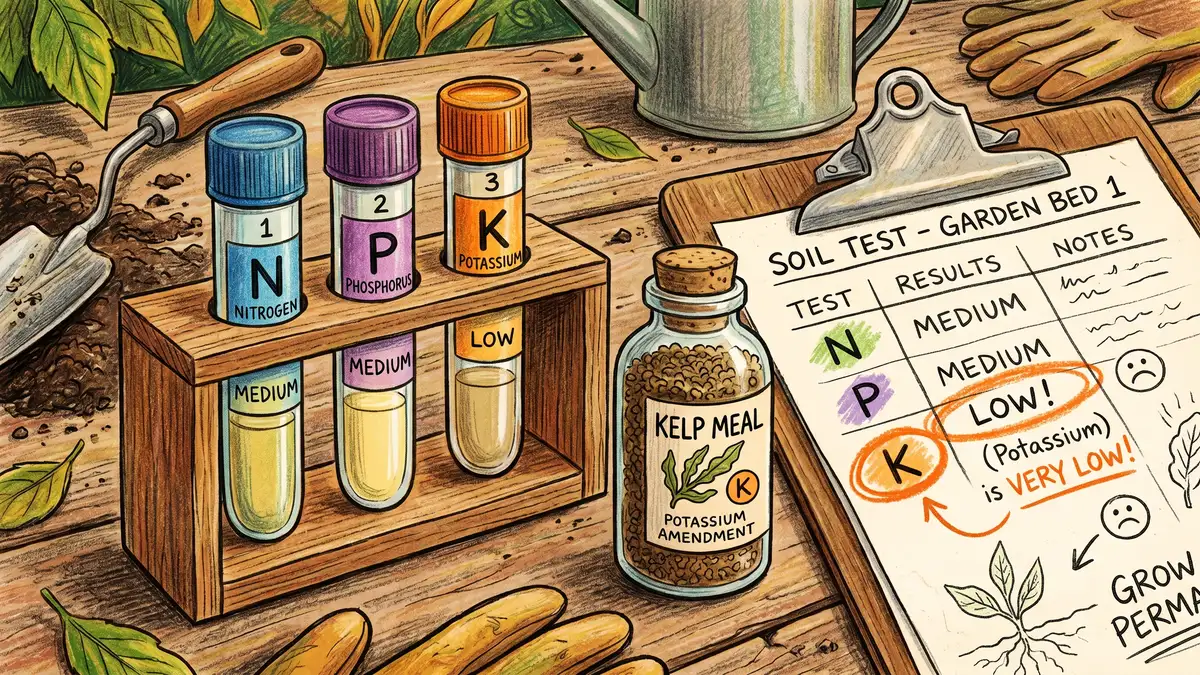 A close-up of a soil test kit with three numbered tubes for N, P, K, alongside a small bottle of kelp meal and a clipboard with handwritten results showing low K