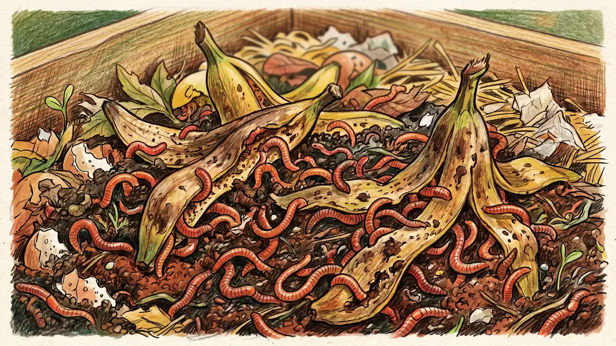 A close-up of a worm composting bin with banana peels being processed by red wriggler worms in a rich dark vermicompost substrate
