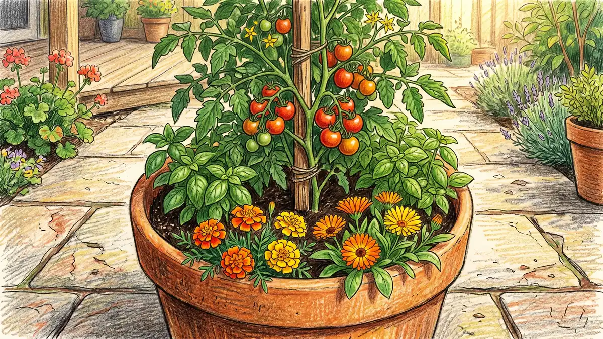 A 15 gallon terracotta container on a sunny patio with a determinate tomato plant staked, basil plants around the base, and small marigolds and calendula at the rim