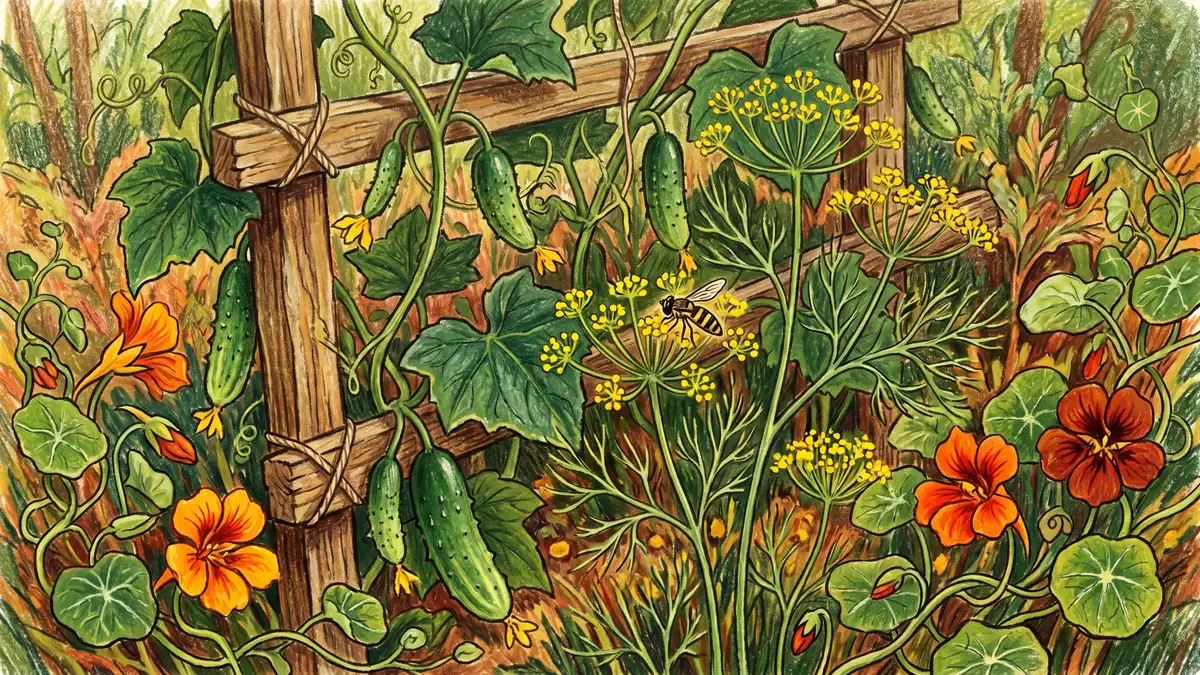 A close-up of a cucumber vine on a low trellis with developing cucumbers, dill plants with feathery foliage and yellow umbel flowers, and trailing nasturtium with bright orange and red flowers at the perimeter