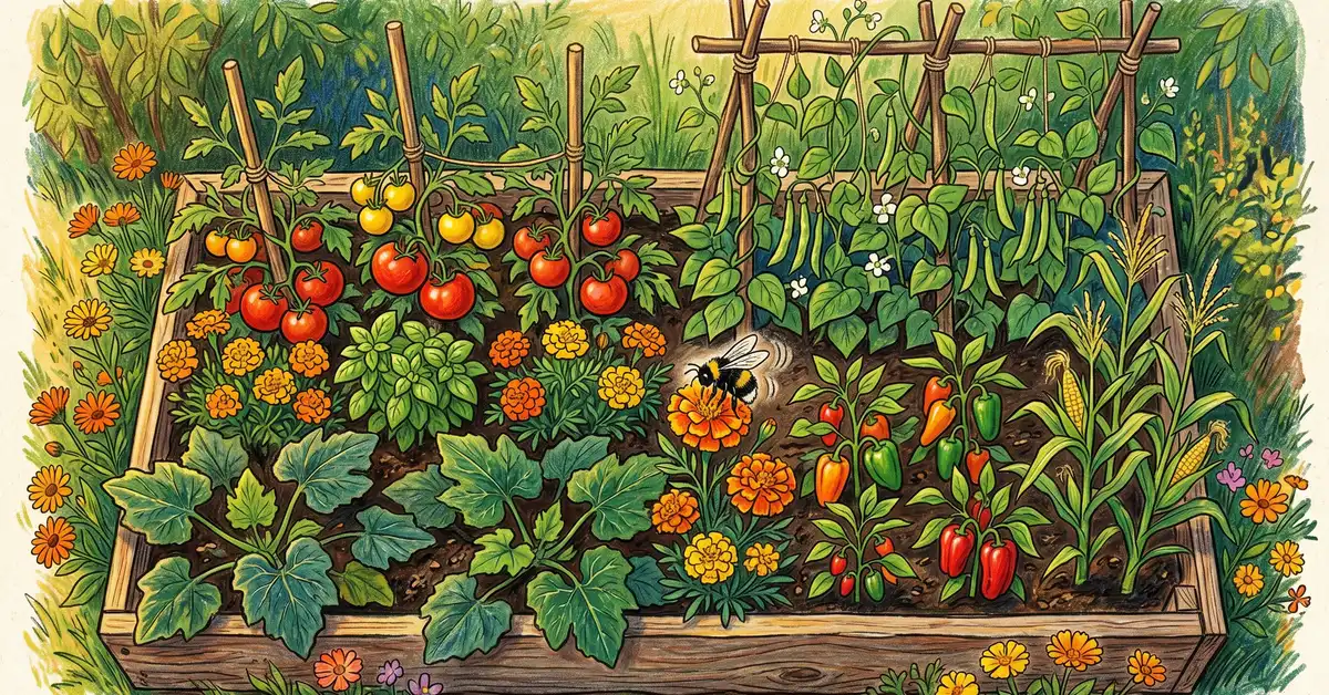 A top-down view of a thriving 4 by 8 foot raised summer garden bed in July with ripe red and yellow tomatoes staked alongside basil and orange marigolds, climbing pole beans on a teepee, broad squash leaves, peppers and corn, and calendula flowering at the edges