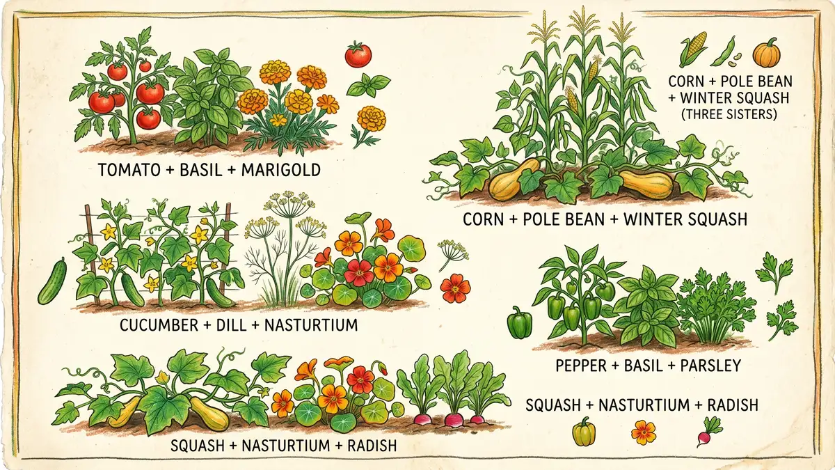 An infographic showing five summer companion combinations on cream paper: tomato + basil + marigold, Three Sisters, cucumber + dill + nasturtium, pepper + basil + parsley, squash + nasturtium + radish