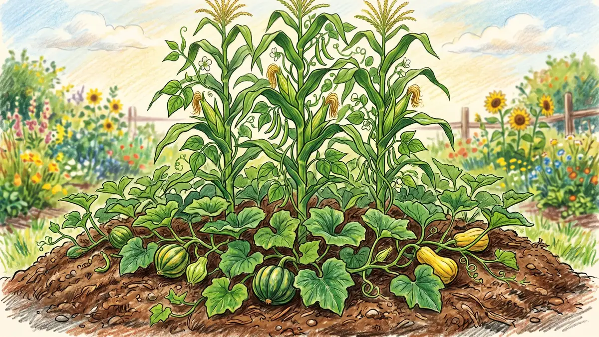A close-up of a Three Sisters mound in midsummer with tall green corn stalks at center, climbing pole beans wrapping around the corn, and broad squash leaves spreading at the base
