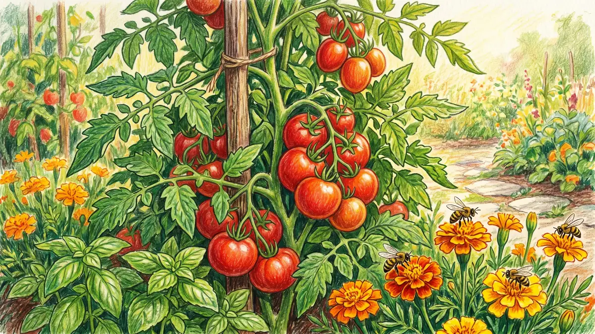 A close-up of a thriving tomato plant with ripe red fruit and lush green leaves surrounded by basil plants and bright orange marigold flowers at the base