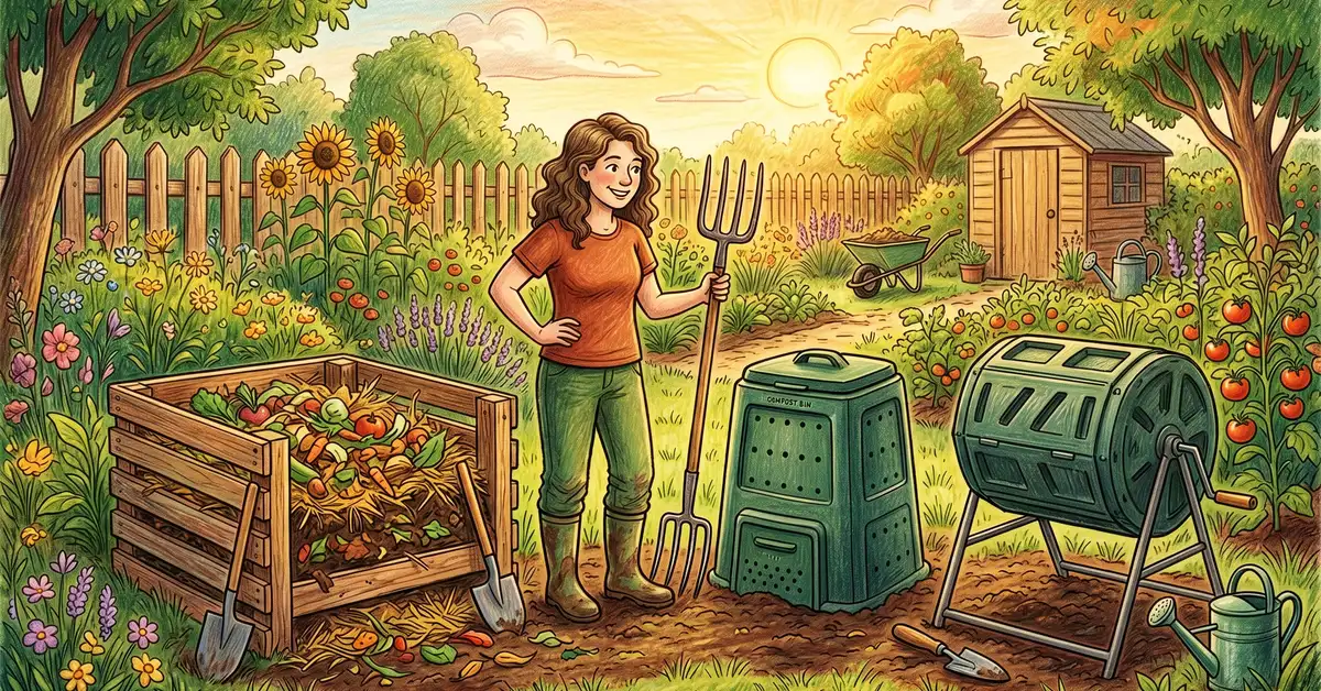 Three backyard composting setups side by side in a sunny garden: an open compost pile bordered by wooden pallets, an enclosed plastic Geobin-style stationary bin, and a dark green dual-chamber tumbler composter on a stand, with a gardener holding a pitchfork between them