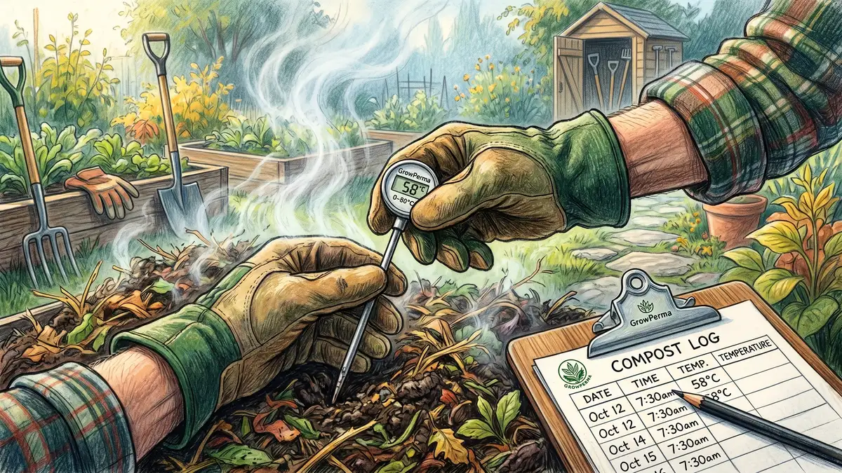 A gardener's gloved hands holding a thermometer probe inserted into a steaming hot compost pile with a clipboard temperature log nearby
