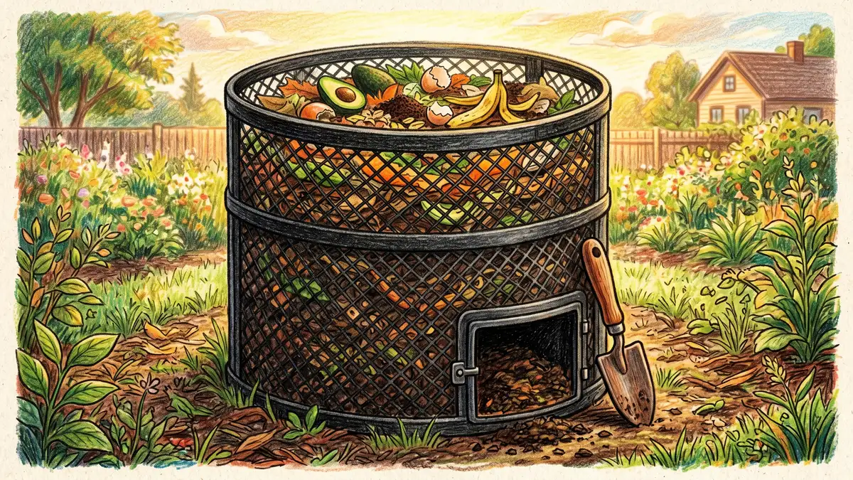 An enclosed black plastic stationary compost bin in a sunny backyard with compost visible through the openings and a small harvest door at the bottom