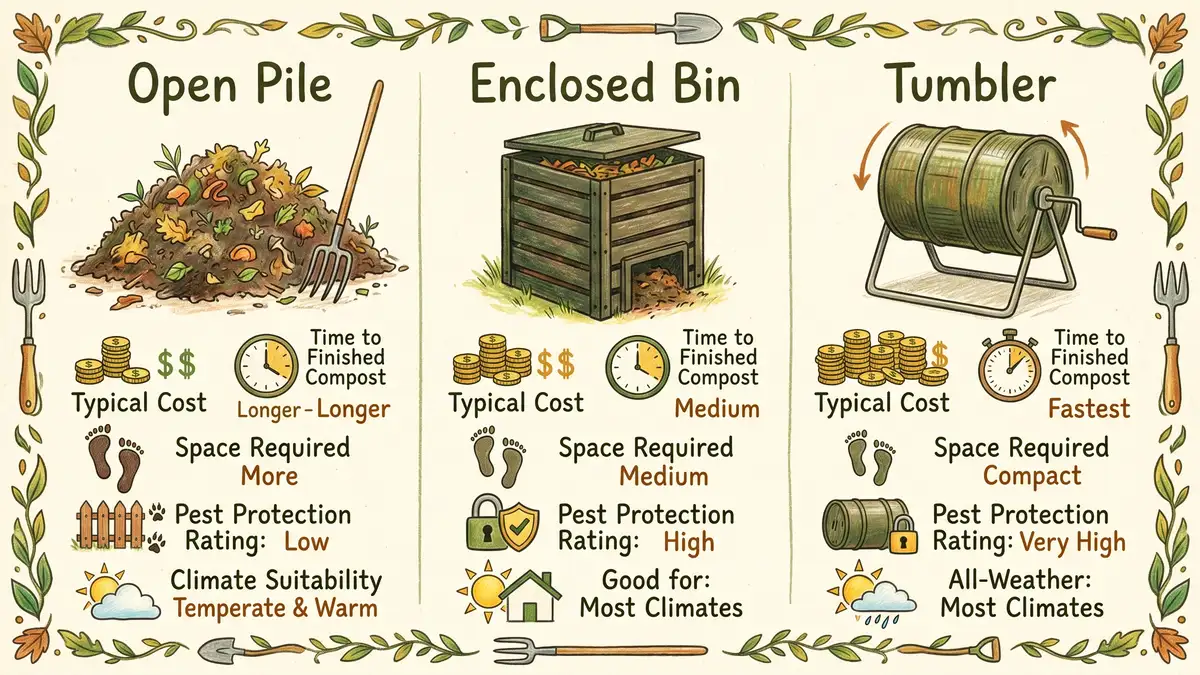 A comparison infographic on cream paper showing three columns labeled Open Pile, Enclosed Bin, Tumbler with key stats for each method including cost, decomposition time, space required, pest protection, and climate suitability