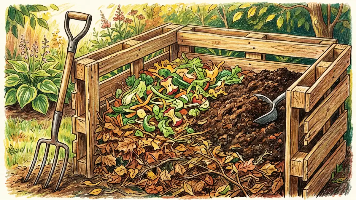 An open compost pile made of wooden pallets in a 3 by 3 foot square with layered compost visible: brown leaves at the bottom, green scraps in the middle, and a pitchfork stuck in beside it