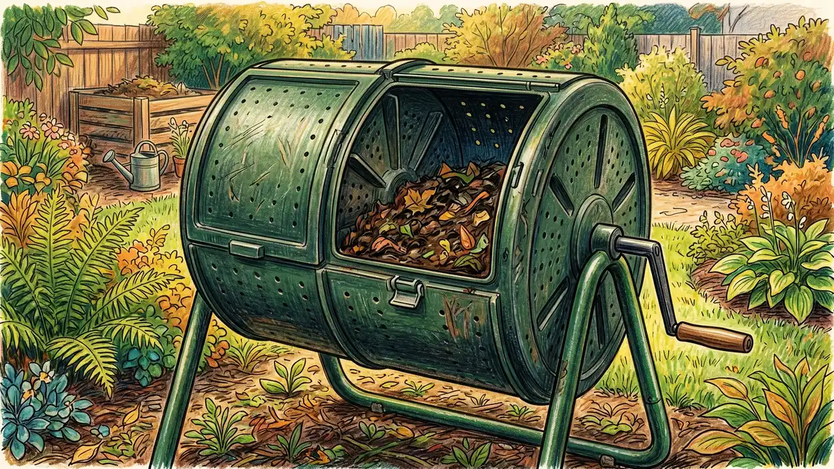 A dark green dual-chamber rotating tumbler composter on a metal stand in a backyard, with the drum open showing dark moist compost inside