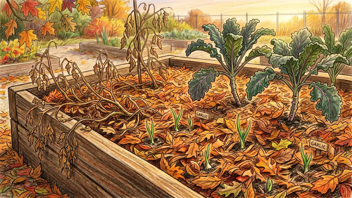 Garden bed mulched with 3 inches of shredded leaves around perennials