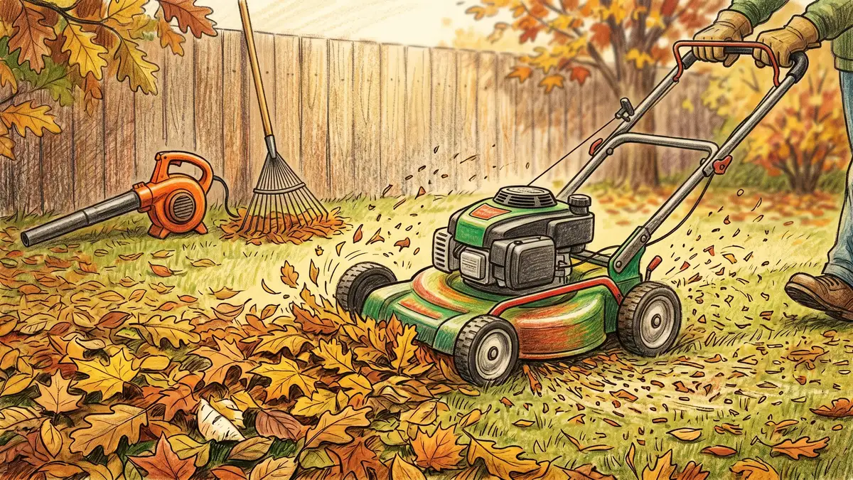 Mower shredding fall leaves on a lawn into fine fragments